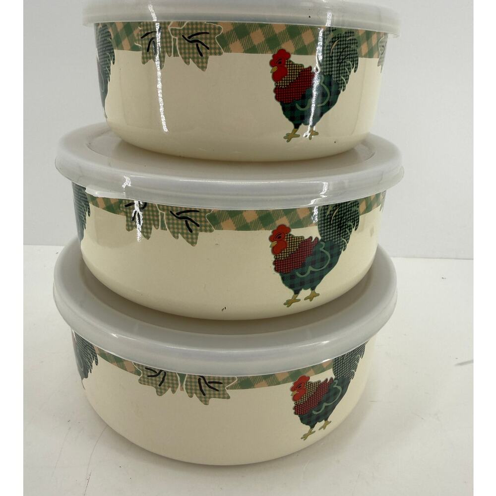 Rooster Enamel Nesting Bowls Set of 3 Plastic Lids Country Farmhouse 7 Inch